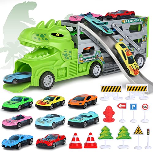 Camiones Juguete Coche para 3 4 5 Años, Parking Garaje de Dinosaurio Regalo para Niños con 8 Minicoches 1 Accesorios de Mapa Carreteras Juego
