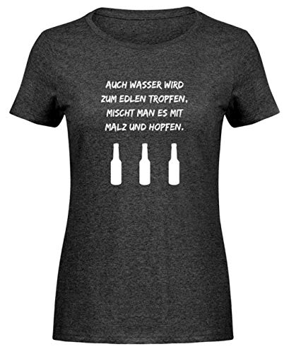 Camiseta para mujer con texto en alemán "Wer Tanzt hat kein Geld zum Saufen" Color gris oscuro jaspeado. L