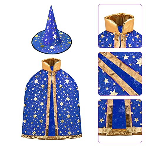 Capa De Bruja para Niños, capa de bruja con sombrero de mago, bolsa de calabaza de caramelo y 3 hojas de pegatinas de tatuaje de Halloween, disfraz de fiesta de cosplay (Azul)