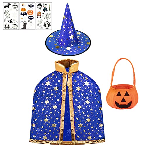 Capa De Bruja para Niños, capa de bruja con sombrero de mago, bolsa de calabaza de caramelo y 3 hojas de pegatinas de tatuaje de Halloween, disfraz de fiesta de cosplay (Azul)