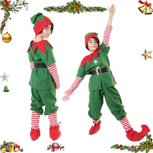 Carnavalife Disfraz Elfo Mujer Hombre Navidad Disfraz Elfo Niña Niño Disfraz Duende Navidad, Disfraz Navideño, Disfraz Navidad Adulto y Niños, Traje Ayudante Papanoel (10-12 años, Disfraz Elfo Niño)