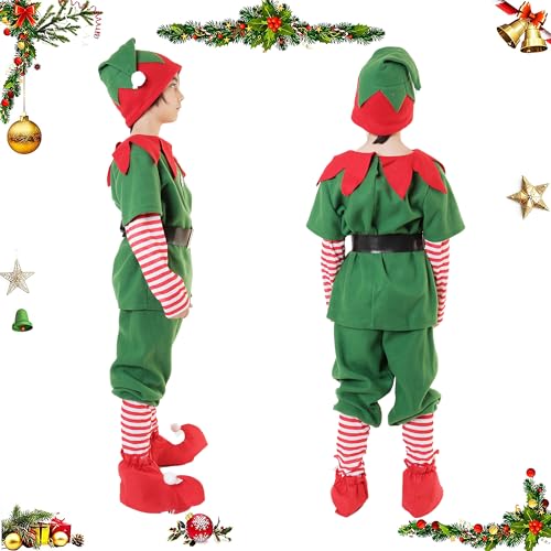 Carnavalife Disfraz Elfo Mujer Hombre Navidad Disfraz Elfo Niña Niño Disfraz Duende Navidad, Disfraz Navideño, Disfraz Navidad Adulto y Niños, Traje Ayudante Papanoel (10-12 años, Disfraz Elfo Niño)