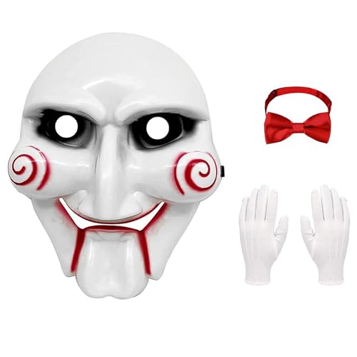 Carnavalife Mascara Saw Asesino+Pajarita+Guantes, Mascara Saw Halloween, Clown Saw Billy Mask,Mascara Halloween Adulto