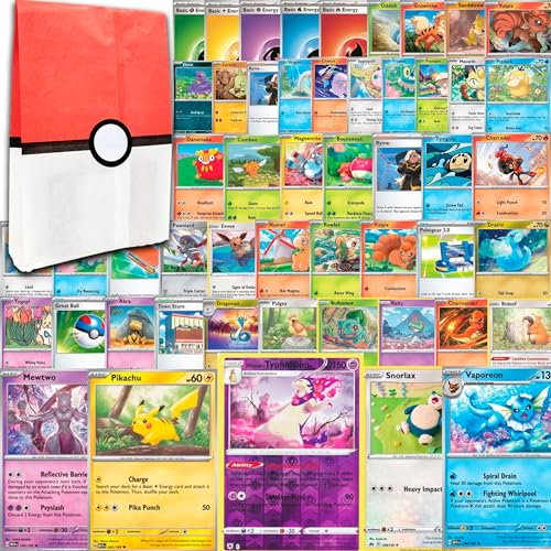 Cartas Pokémon Pack 50+5 ¡UNA EXPERIENCIA ÚNICA! Nuestro paquete de Cartas Pokemon Incluye 55 Cartas Pokemon, 45 Comunes, 5 Energias Pokemon, 3 Raras, 1 Reverse Holo y 1 (Evee/Charmander/Pikachu)