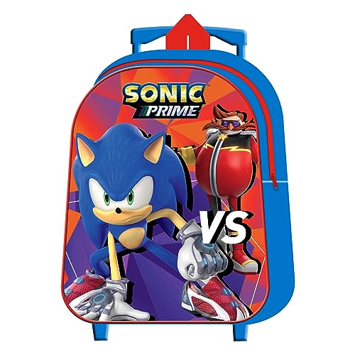 cartoon Mochila de guardería con ruedas, bolsa escolar con asa extensible, tiempo libre, mochila para niños, Sonic, 28 x 20 x 10 cm