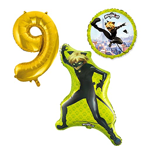 Cat Noir - Juego de globos con número dorado 9 para cumpleaños infantiles, helio, decoración para cumpleaños infantiles, vajilla de fiesta, decoración para cumpleaños, fiesta temática, globos