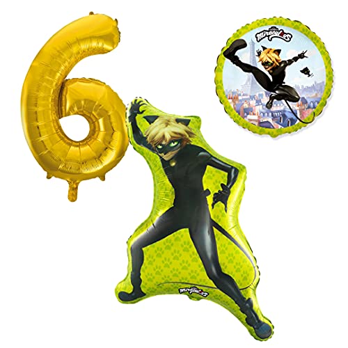 Cat Noir - Juego de globos con número dorado para 6 cumpleaños infantiles, helio, decoración de cumpleaños infantil, vajilla de fiesta, decoración para cumpleaños, fiesta temática, globos temáticos