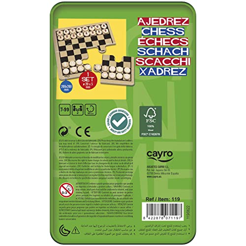 Cayro - Ajedrez - + 5 Años - Caja Metálica - Triple Juego Educativo de Mesa de Niños y Adultos - Tablero de 12 x 19,5 x 5 cm - Ideal para 2 Jugadores