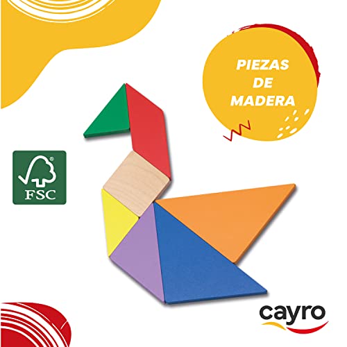 Cayro - Tangram - + 7 Años - Piezas de Madera de Colores - Juego Educativo de Mesa - Ideal Niños y Adultos - 7 Tans, 1 Caja de Metal y Libro Ilustrado