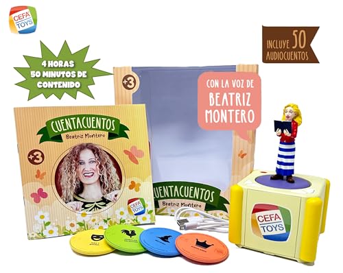 Cefa Toys - Cuentacuentos Narrados por Beatriz Montero, Audio Box con Batería Recargable, Contiene 50 Audiocuentos, Incluye Libro Ilustrado de 25 Páginas y Figura, para Niños a Partir de los 3 Años