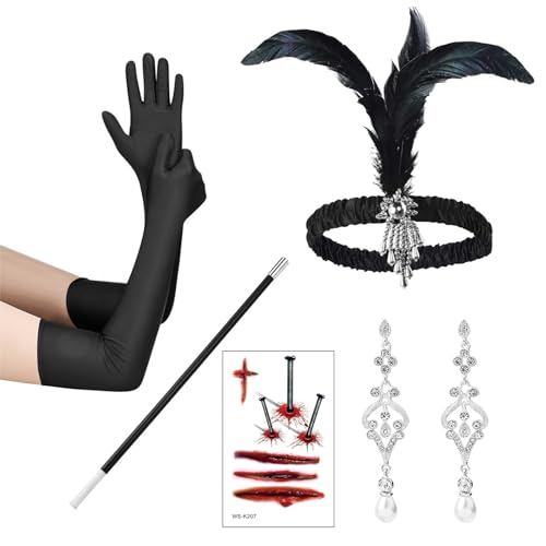 Celawork Accesorios para Halloween de los años 20, accesorios de Gatsby para mujer, accesorios de disfraz para Halloween, incluye diadema, pendientes, guantes, juego de accesorios de mano, Negro ,