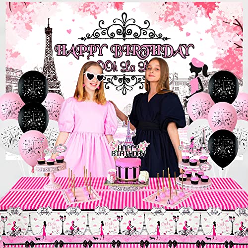 Cheereveal Decoraciones de París de feliz cumpleaños para niñas, rosa, suministros de fiesta de cumpleaños de la Torre Eiffel, telón de fondo de feliz cumpleaños de París, pancarta de torre Eiffel