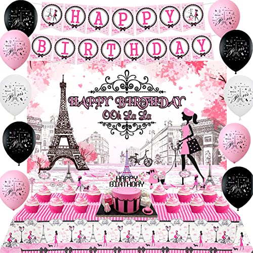 Cheereveal Decoraciones de París de feliz cumpleaños para niñas, rosa, suministros de fiesta de cumpleaños de la Torre Eiffel, telón de fondo de feliz cumpleaños de París, pancarta de torre Eiffel