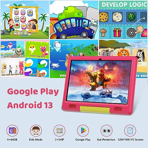 Cheerjoy Tableta Niños 10 Pulgadas Android 13 Tableta para Niños, 6(2+4) GB RAM + 64GB ROM, Kids Parental Control Tablet, Juegos educativos, cámara Dual, Kids Tablet con Estuche (Rosa)
