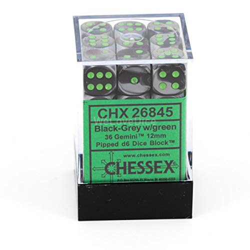 Chessex Dice: CHX26845 D6 12 mm Gemini Black-Grey/Green (36).