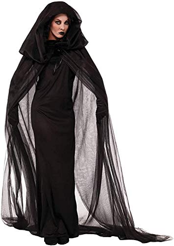 chuangminghangqi Disfraz de novia fantasma negra, disfraz de Halloween para mujer, disfraz de reina malvada para carnaval, disfraz de adulto de bruja, vestido largo con capucha (negro, XXL)