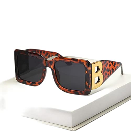 CHUNNUAN Gafas de sol rectangulares de gran tamaño The Letter B cuadradas de lujo para mujeres y hombres, color gris leopardo