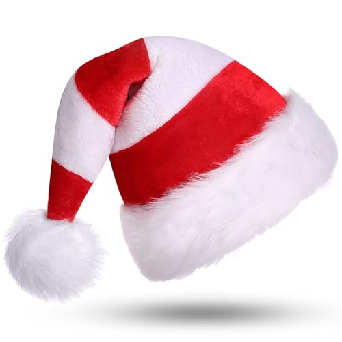 CITÉTOILE Gorro de Papá Noel, gorro navideño unisex para adultos, Con pompón y ala peludos, capa interior engrosada, Gorro de Papá Noel con rayas rojas y Blanco