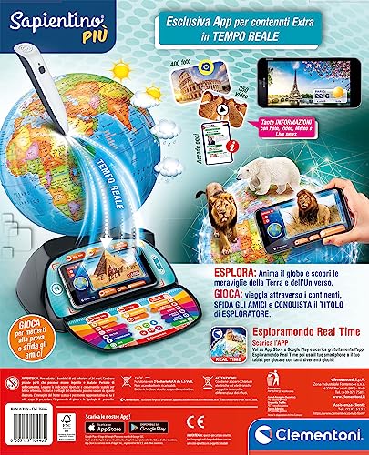Clementoni - 16446 - Sapientino più - Exploramondo Real Time - Globo interactivo parlante, globo terráqueo infantil, juego educativo de 6 años, electrónico parlante, bolígrafo Bluetooth, aplicación