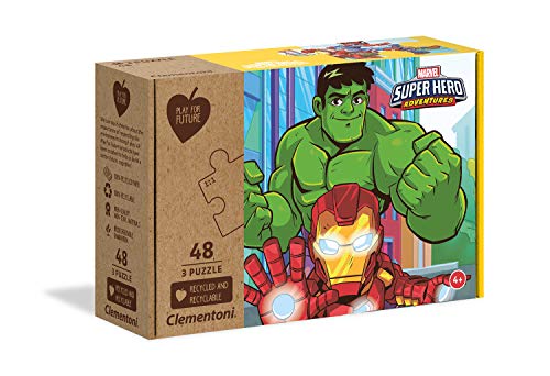 Clementoni - 3 Puzzle infantil de 48 piezas, Marvel Superheroes, materiales reciclados (25257.2)