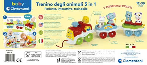 Clementoni Animales-3 parlante, Interactivo y remolcable, Tren de Juguete eléctrico, Juego Infantil de 1 año (versión en español) -Made in Italy, Multicolor, 17740