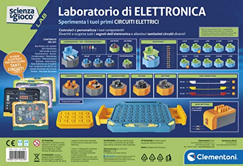 Clementoni- Italy Juego Lab, Circuito Electrónico para Niños, Kit de Experimentos Ciencia, Laboratorio Científico 8 años, Manual en Italiano, Multicolor, 27.8 x 6 x 41.8 cm (19249)