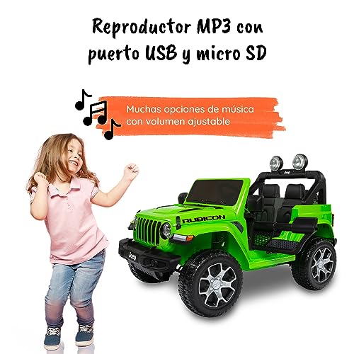 Coche electrico para niños 2 plazas Jeep Wrangler de Babycar - Coche electrico niño 12v con Licencia Oficial y Mando a Distancia 2.4 GHz Apertura de Puertas con MP3 (Verde)