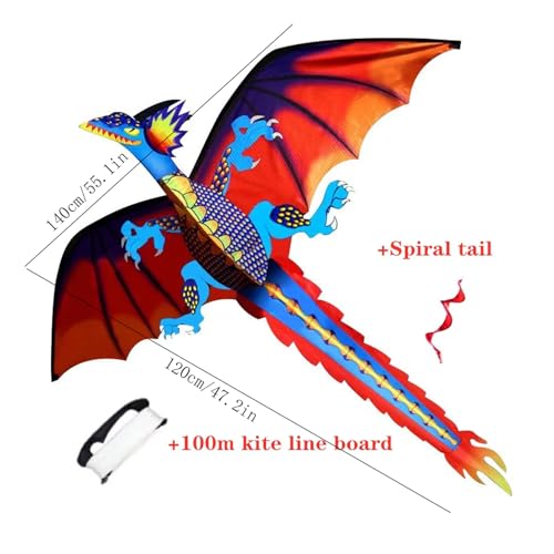 Cometa de dragón 3D de 140x120cm, Cometas de Animales de Gran tamaño Que vuelan al Aire Libre, Juguete Divertido para Adultos con Tablero con Hilo para Cometas de 100m