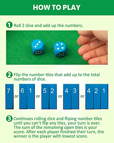 Coogam Juego de dados de Shut The Box Juego de números de matemáticas de madera Juego de pub familiar 1-4 jugadores con 10 dados de colores para adultos y niños 3 4 5