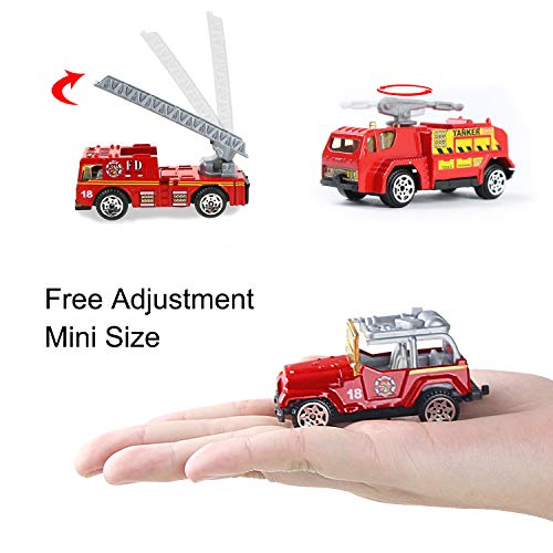 Coolplay Juego de juguetes de avión de rescate rojo, mini camión de bomberos para niños, regalo de coche pequeño con señales de tráfico para niños de 3 años