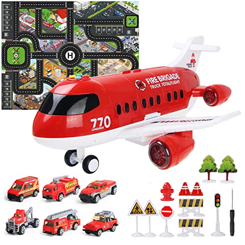 Coolplay Juego de juguetes de avión de rescate rojo, mini camión de bomberos para niños, regalo de coche pequeño con señales de tráfico para niños de 3 años