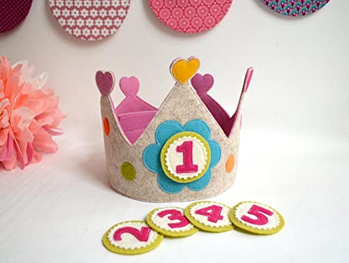 Corona Cumpleaños 1 Año con 5 Números Intercambiables - De 1 a 5 Años - Velcro Resistente y tela sin Durezas - Gorro Infantil de quita y pon para Niño, Niña y bebe (Gris-Rosa)