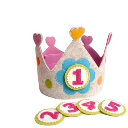 Corona Cumpleaños 1 Año con 5 Números Intercambiables - De 1 a 5 Años - Velcro Resistente y tela sin Durezas - Gorro Infantil de quita y pon para Niño, Niña y bebe (Gris-Rosa)
