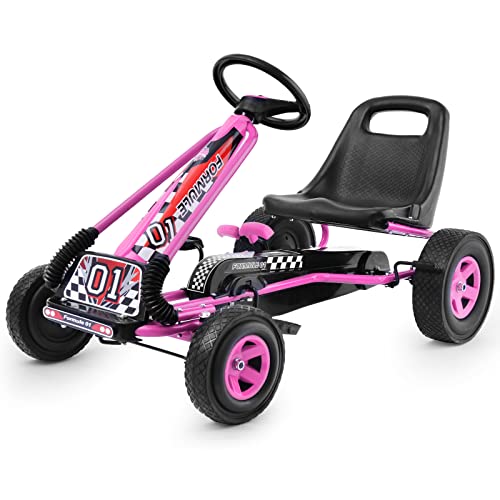 COSTWAY Go Kart Racing para Niños Coche de Pedal Asiento Ajustable con Ruedas de Goma Embrague y Freno Infantil Juguete (Rosa)