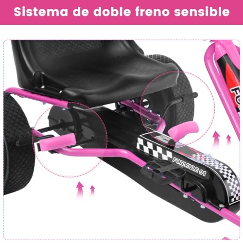COSTWAY Go Kart Racing para Niños Coche de Pedal Asiento Ajustable con Ruedas de Goma Embrague y Freno Infantil Juguete (Rosa)