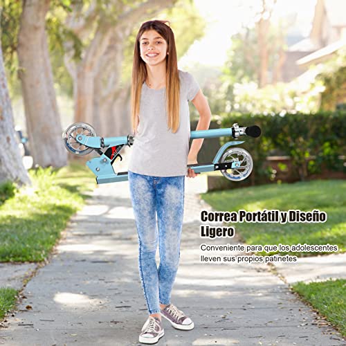 COSTWAY Patinete Niño,4 a 13 años, Scooter Roller con 2 Led Ruedas, Altura Ajustable, Patinete Plegable hasta 70kg (Cielo Azul 1)