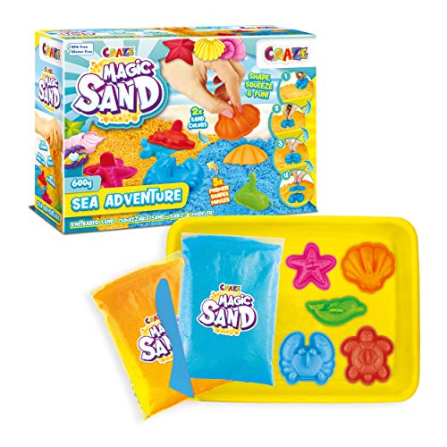 CRAZE Magic Sand Sea Adventures 600 g Juego de arena cinética Arena mágica colorida con moldes y estuche Juego de manualidades niños Arena kinetica niños 28605