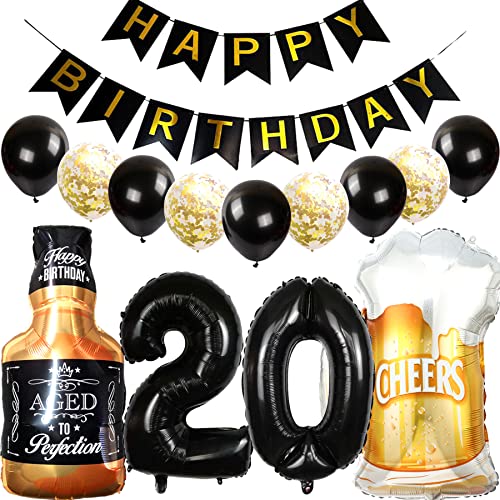 Cymeosh Decoración de Cumpleaños de 20 años Hombre Mujer, Globo de Foil Whisky Cerveza Vaso Globo de Vino Botella de Cerveza Deco, Banner de Feliz Cumpleaños para Fiesta de 20 años Decoración