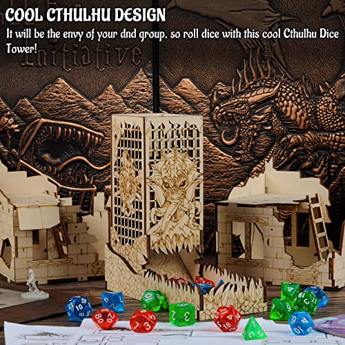 CZYY Torre de dados con bandeja de madera grabada con láser, rodillo de dados portátil y plegable, perfecto para juegos de mesa y juegos de rol de mesa (Cthulhu)