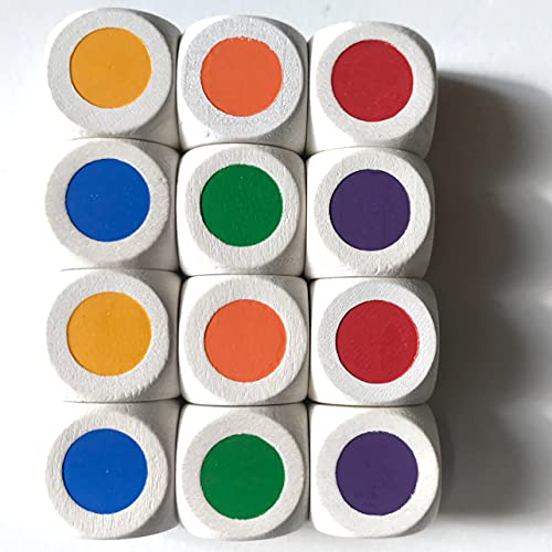 Dados de colores de madera de 16 mm. Fabricado en Alemania. (12 cubos, arco iris: amarillo, naranja, rojo, azul, morado, verde)