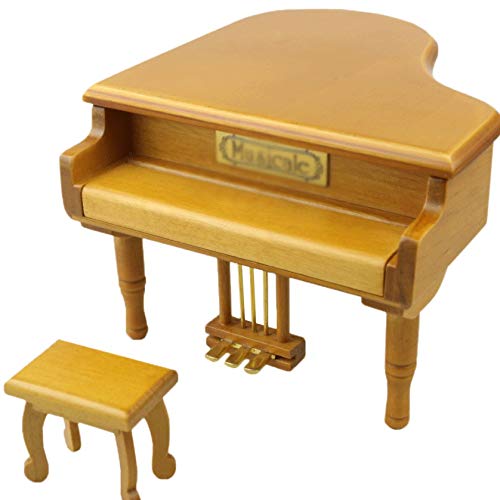 DAGONGREN Caja de música Amarilla en Forma de Piano, Regalo de cumpleaños Creativo con Taburete pequeño, Caja de música de decoración para Amantes