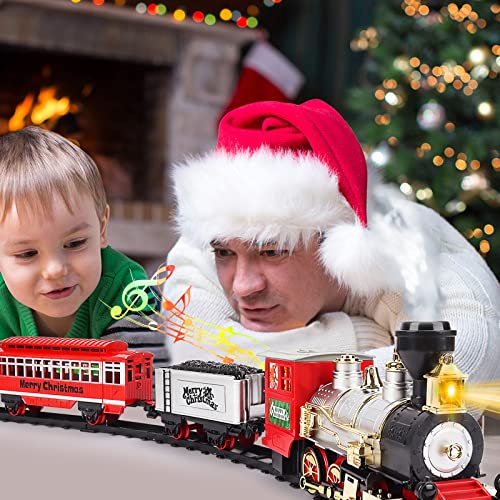 deAO Set de Tren de Juguete para Niños con Foco, Efecto Humo, 4 Coches y Vías para NavidadSet de Tren Clásico con Tema Navideño - Gran Accesorio para Niños y Decoración Navideña