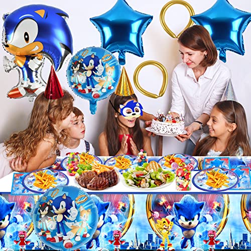 Decoracion Cumpleaños Sonic the Hedgehog, 39 Piezas Juego de Suministros para Fiestas, Vajilla de Cumpleaños con Platos, Servilletas, Manteles, Sonic Foil Globos, Máscara, para Sonic Party Supplies