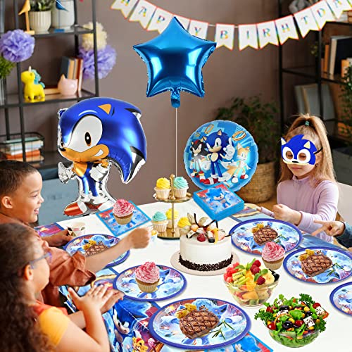 Decoracion Cumpleaños Sonic the Hedgehog, 39 Piezas Juego de Suministros para Fiestas, Vajilla de Cumpleaños con Platos, Servilletas, Manteles, Sonic Foil Globos, Máscara, para Sonic Party Supplies