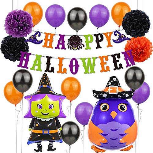 Decoración de Fiesta de Halloween Set Happy Halloween Balloons Banner, Bat, Pumpkin Ghost Foil Balloon Black Orange Globo de látex para Halloween Bar Suministros de decoración del hogar (BRUJA)