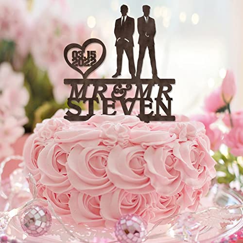 Decoración para tarta de boda de madera marrón Mr & Mr Silueta Gay Two Men Romance Cake Topper Homosexual Gay Wedding Decorations Personalizar Nombre Est Date Hombres Regalos de matrimonio 6 pulgadas