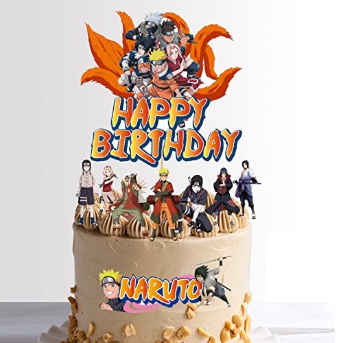 Decoración para tartas con temática de Naruto, Goku y Crew Anime Manga Temática Tarjeta de papel para fiesta infantil rápida y fácil de ajustar (decoración de feliz cumpleaños + 7 personajes +