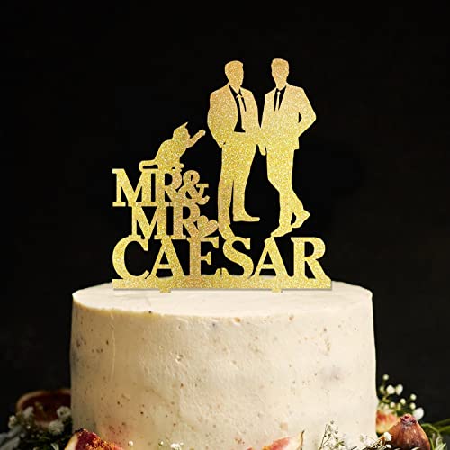 Decoración para tartas de compromiso LGBT con silueta de pareja gay para dos hombres con silueta de perro Shiba Inu para él y él mismo sexo para boda, decoración de pastel acrílico dorado