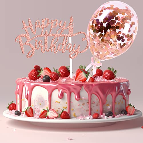 Decoración Para Tartas De Cumpleaños Oro Rosa, Happy Birthday Cake Topper, Globos De Confeti, Abanicos De Papel y Fuegos Artificiales, Para Decorar Muffins, Cupcakes, 12 Piezas