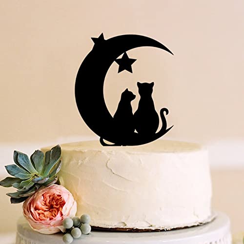 Decoración para tartas de gatos de luna y estrellas, decoración para tartas de gatos, decoración para tartas de gato, boda, luna, boda, gato, pareja, letrero acrílico, decoración para tartas,